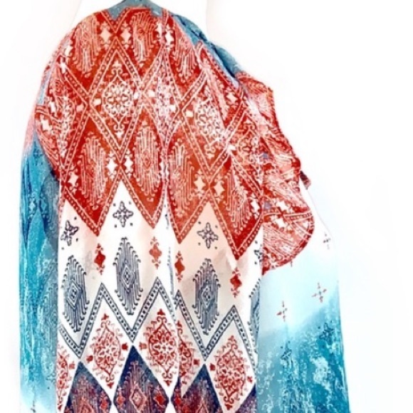 BCBGMaxAzria size S orange blue & ivory BOHO tie front long puffed sleeve blouse - Picture 8 of 15